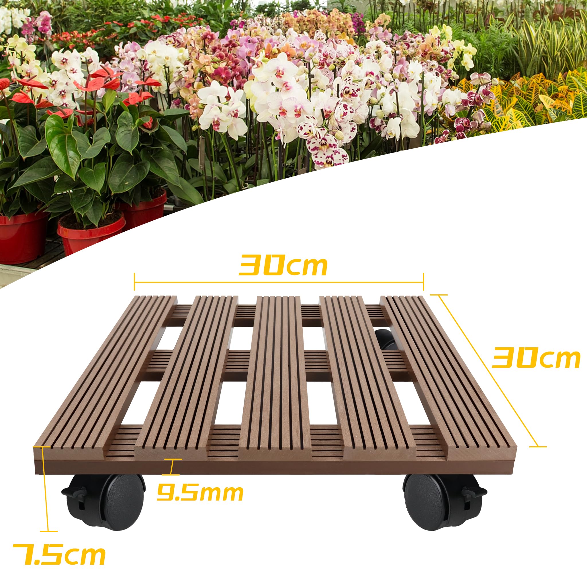 Froadp WPC Pflanzenroller 2er-Pack Blumenroller Rollbrett mit 360° Drehbare Räder Transportpaletten für Pflanzen Blumentopf Transporthilfe für Pflanzen Tragkraft 100KG (Dunkelgrau, Quadratisch