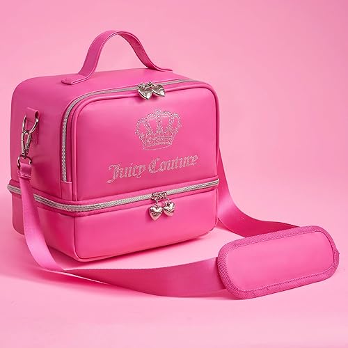 Juicy Couture Double Zip Chill Lunch Tote Bag – Dual Compartment Insulated Cooler with Adjustable Strap, Hot Pink Pink Juicy Bling Crown Rhinestones - Women's Lunch Box Bag for Work, School, Travel