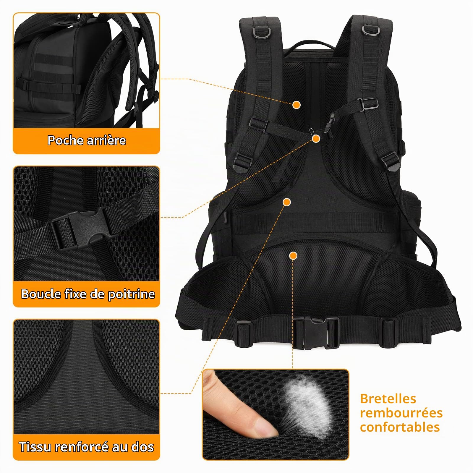 HUNTVP Sac à Dos Tactique,50L Grand Sac à Dos Multifonction Militaire Assault Pack, pour Randonnée Camping École Voyage Pêche Escalade Alpinisme Trekking(Noir-50L)