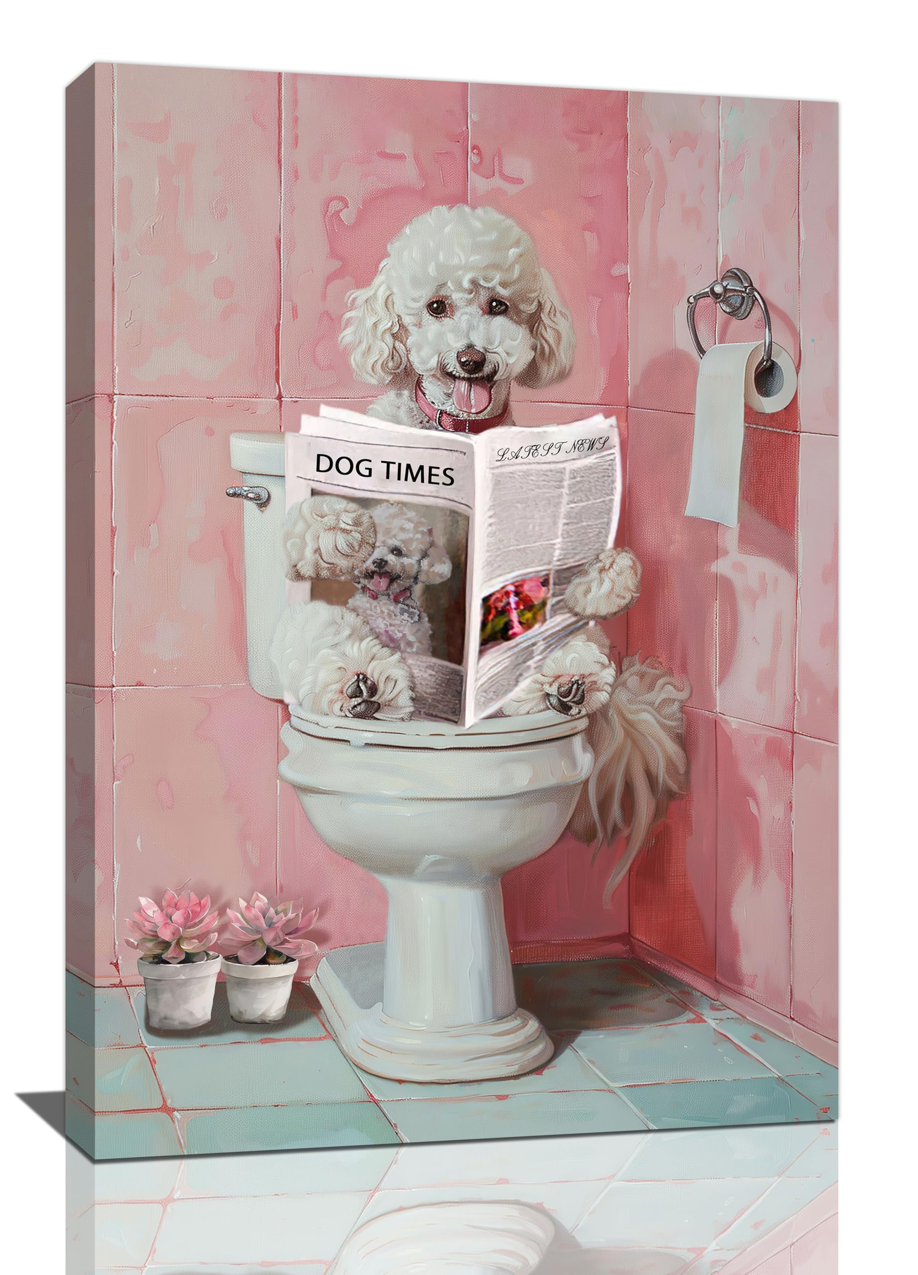 Bogosip Pink Bathroom-Poodle Dog Bathroom Wall Art Cute Poodle On The Toilet Reading Newspaper Bathroom Pictures For Wall Pink Bathroom Decor Bathroom Sign Canvas Print Painting Modern Framed Artwork For Restroom 16"X24"