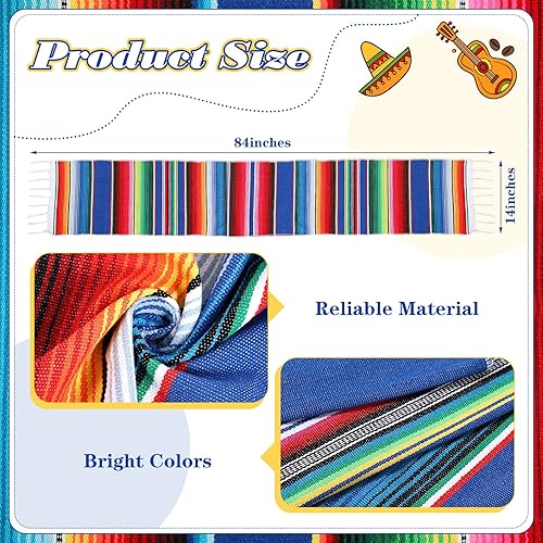 Miniatura 2 de 24 piezas de camino de mesa de sarape mexicano tejido a mano con flecos de algodón, camino de mesa colorido a rayas mexicanas para decoraciones de