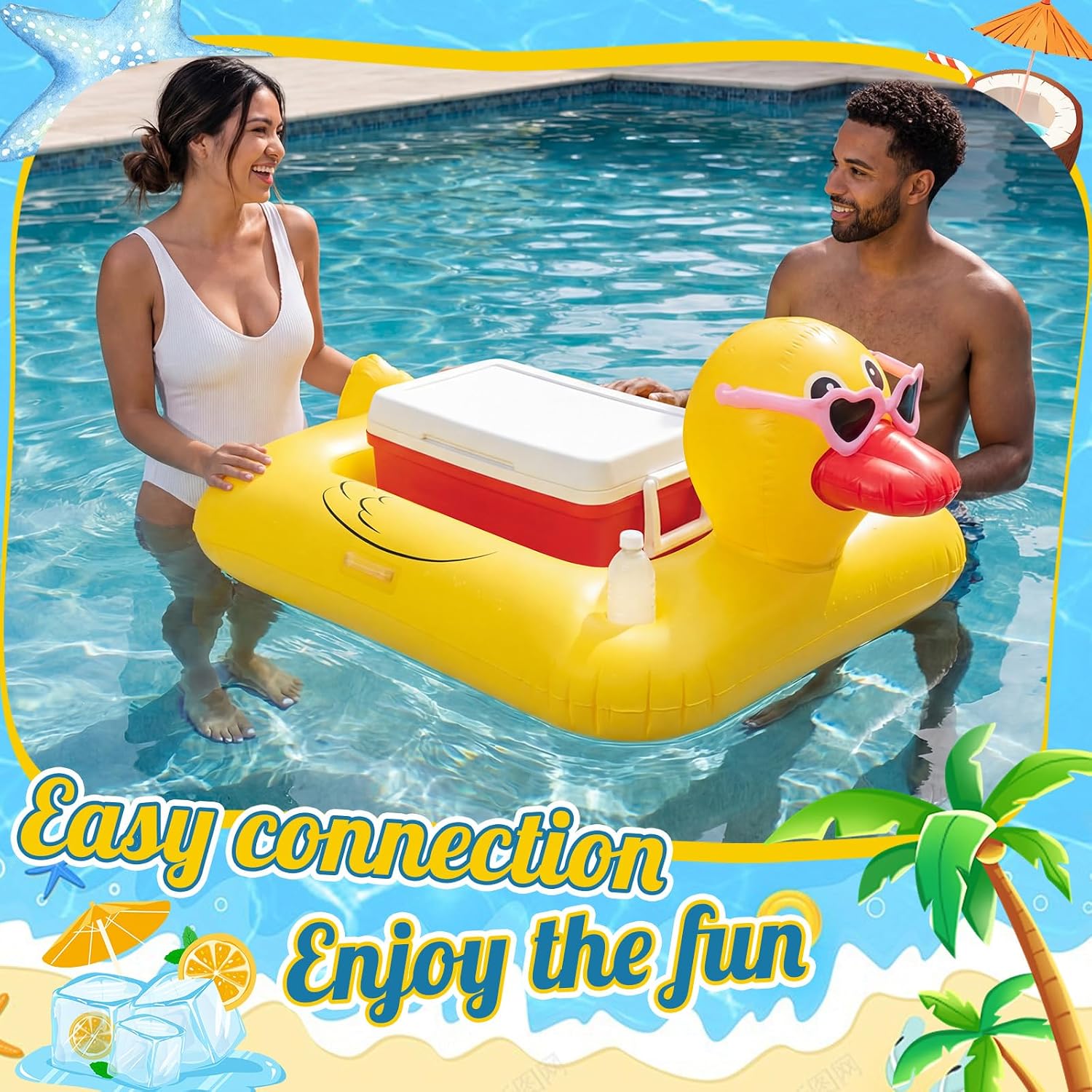 2 Pcs Inflatable Duck Floating Drink Cooler, 40 x 34 Inflatable Floating Coolers Raft River Cooler Float with Cup Holders Fits 25-45 Qt Coolers, Beverage Holder for Pool, Lake Use image 3