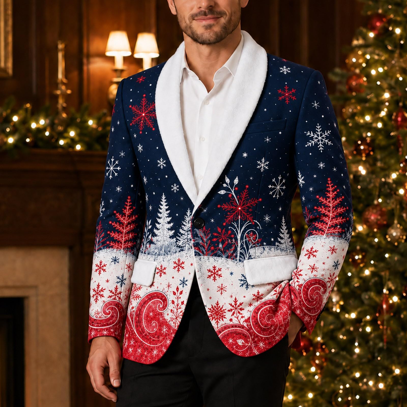 Eleganter roter Herrenmantel mit weißem Schalkragen – perfekt für Weihnach