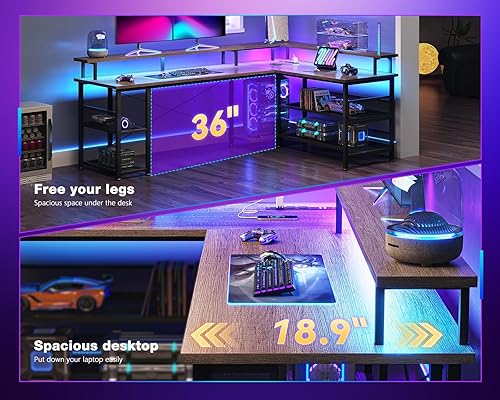 Miniatura 41 de ODK Escritorio para juegos en forma de L de 66 pulgadas con toma de corriente y luces LED, mesa de juegos de PC con textura de fibra de carbono,