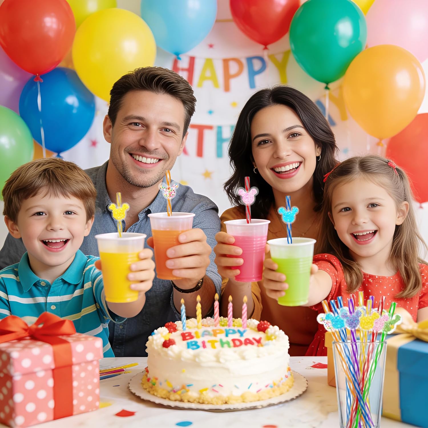 24 Reusable Sparkle Mouse Ear Straws for Oh Toodles Birthday Party Supplies