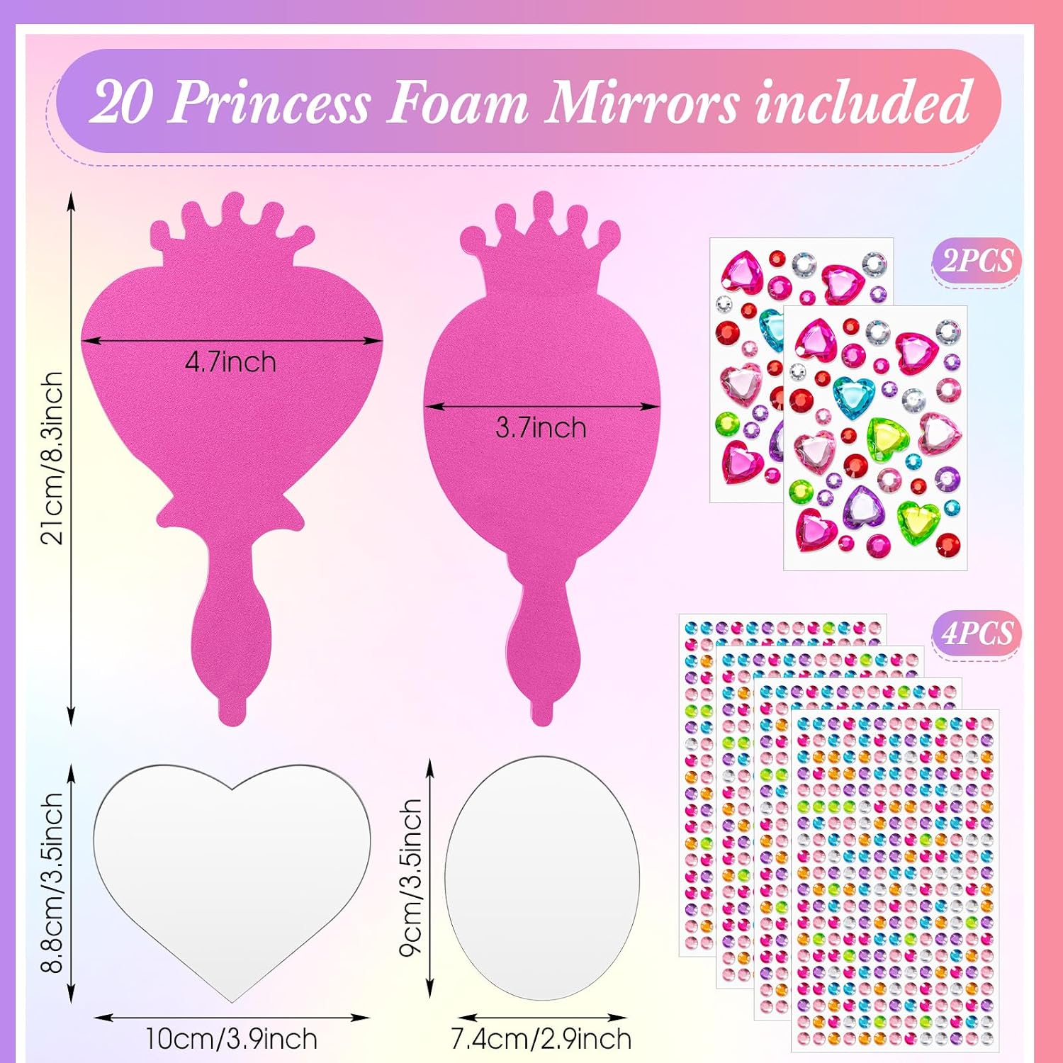 Geetery 20 Pcs Unbreakable Kids Mirror DIY Decorate Your Own Princess Mirror Mermaid Princess Foam Small Crafts for Princess Party Decorations(Pink)