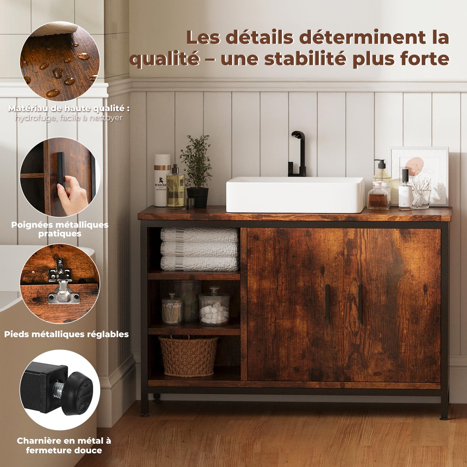 ELUCHANG Meuble Salle de Bain, Meuble sous Lavabo, Étagères Réglable, Compartiments Fermés,Meuble de Rangement, Meuble Vasque Salle de Bain,90x30x60cm, Vintage+Noir
