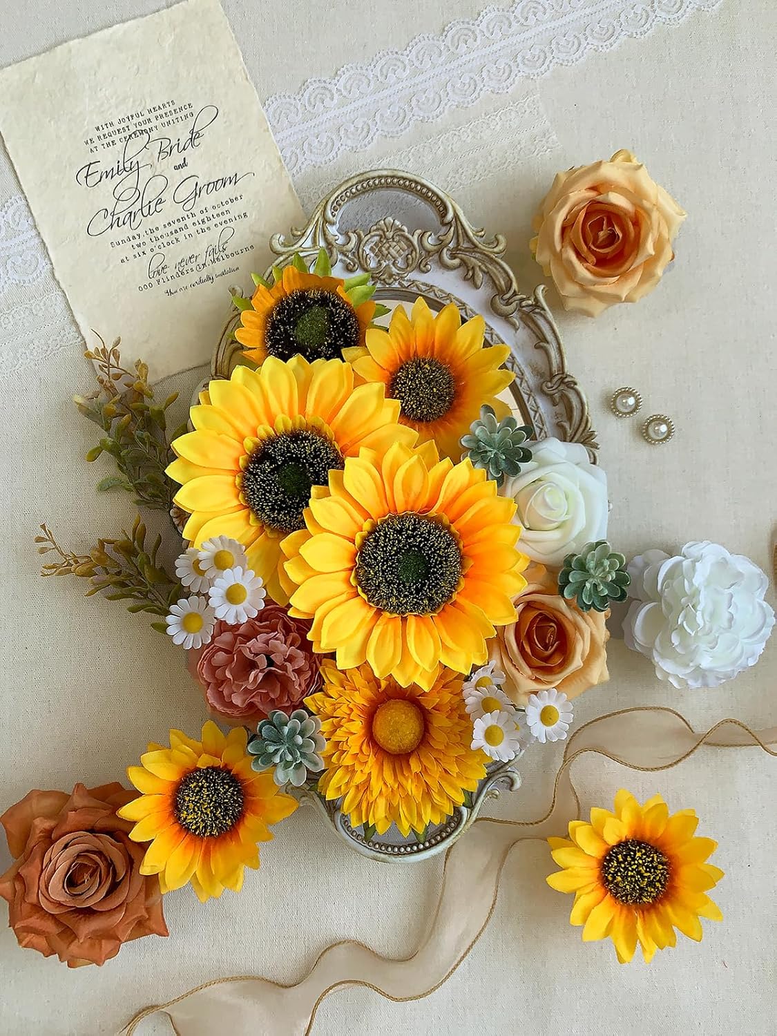 FACINOC Sunflower Artificial Flowers Yellow Fake Flower Bouquet Box Set for DIY Bridal Wedding Shower Decorations Party Table Centerpieces Cake Decorating Silk Floral Arrangement for Home Decor Indoor
