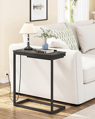 Miniatura 7 de TUTOTAK Mesa auxiliar en forma de C con estación de carga para sofá, mesa auxiliar inclinable en forma de C con bolsa de almacenamiento, bandeja de