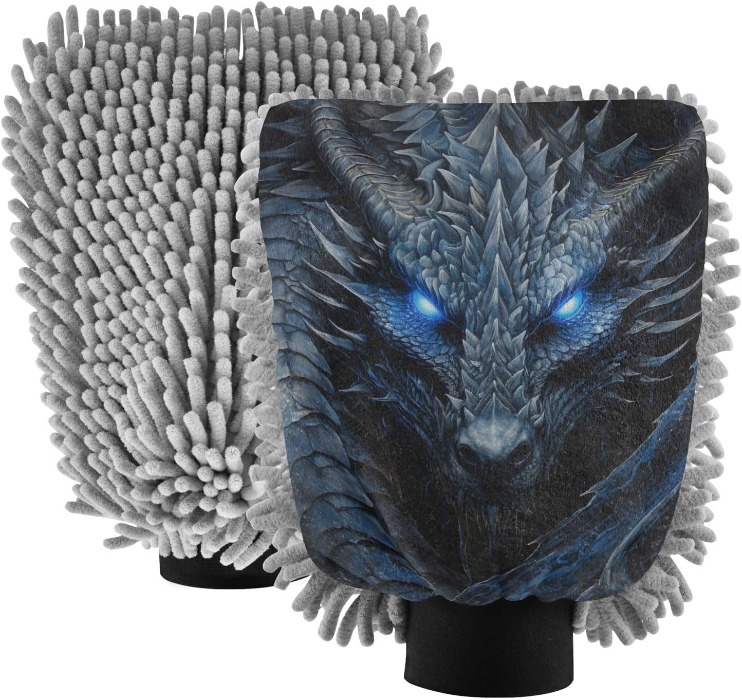 Dragon Blue Eyes Black Absorbent Microfiber Car Wash Mitt, Funny Cute Anime Scratch Free for Cars Cleaning, Home Cleaning Mitts, 2 Pack, 10.24” L x 7.09” W