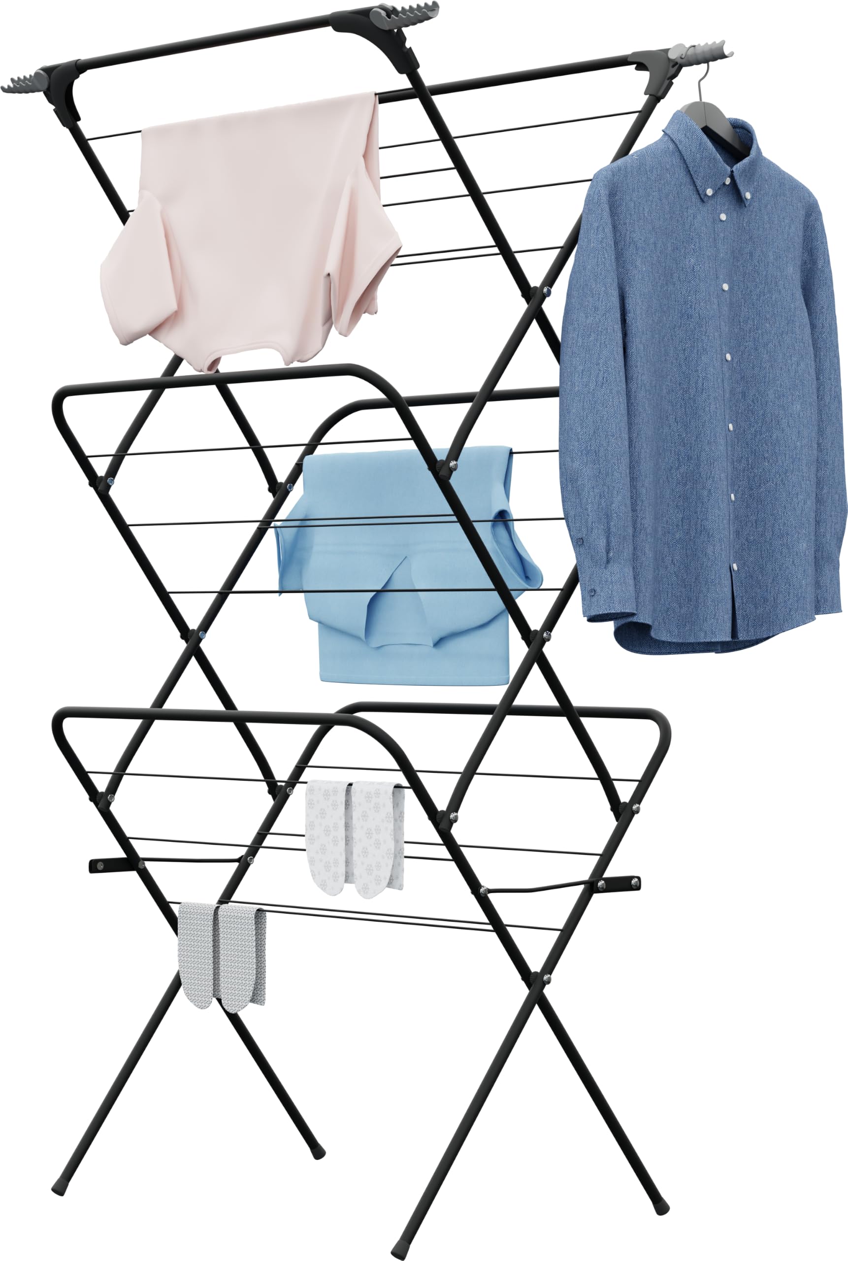 Knight 3 Tier Clothes Airer, Foldable Clothes Drying Rack 15m Indoor & Outdoor Clothes Airer, Drying Rack Laundry with Fold-Out Arms for Extra Hanging Space, Alloy Steel Clothes Dryer Stand (Black)
