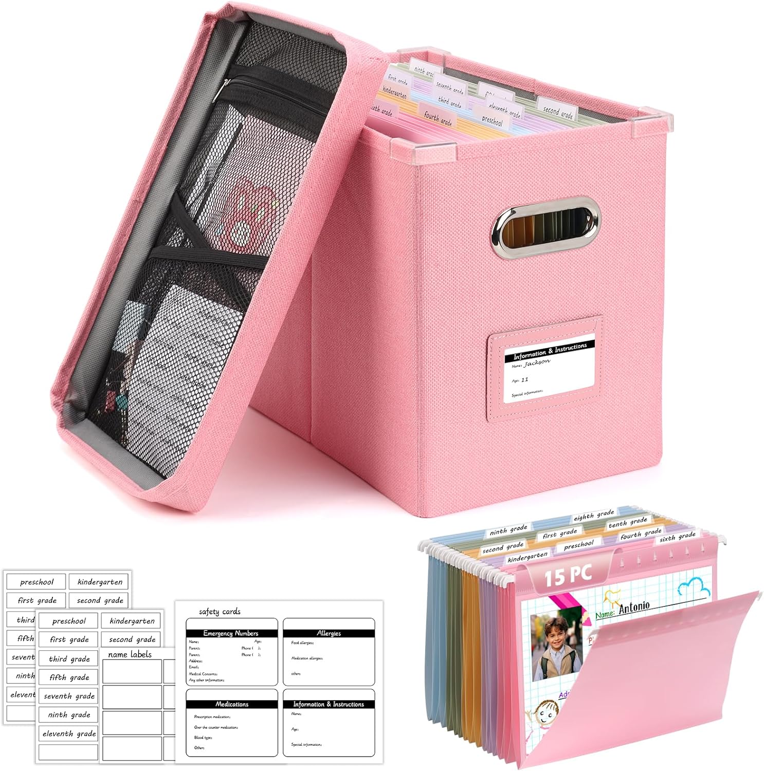DOSTATNI School Years Organizer Kit K-12 School Years Memory Keeper with 15 Hanging File Folders Plastic 4 different Labels Memory Keepsake Box for kids Storage Pictures File Keeper (Green)