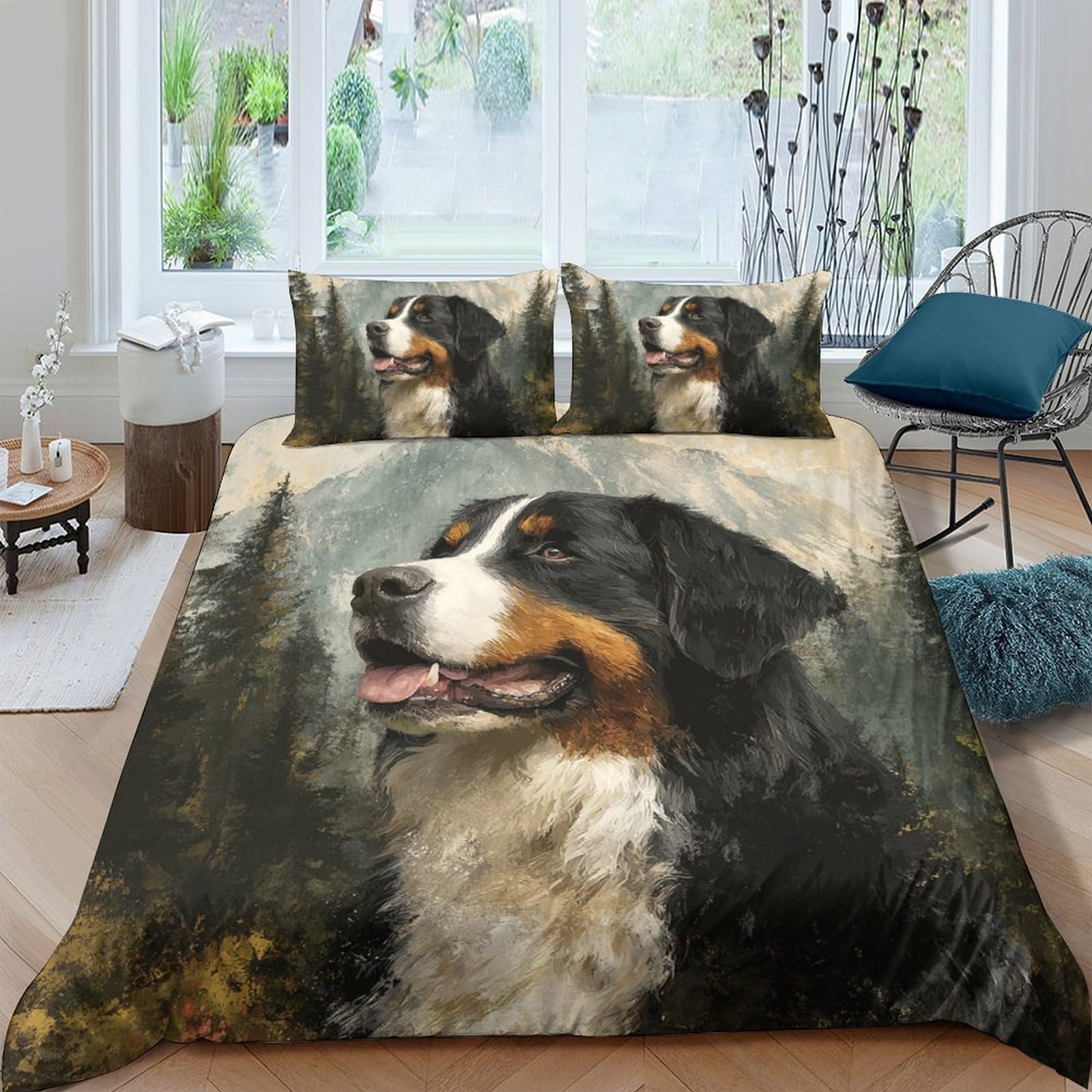 Ctjqhvkz Style-8 3D Printed Bernese Mountain Dog Fitted Sheet Microfiber Soft Breathable Forest Bed Cover For Bedroom Dorm Mattress Protection Decor Single（135X200cm）