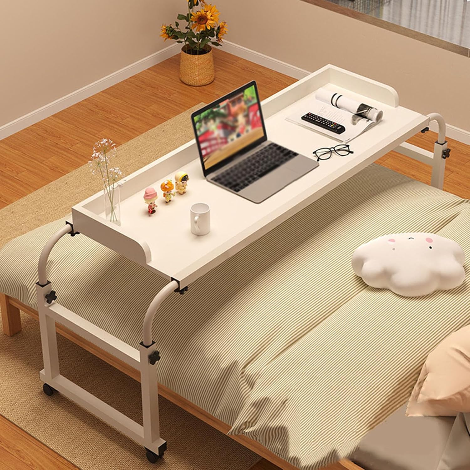 GWWBD Over Chair TableοΌover Bed Table Adjustable Height Divan Over Bed Desk Table On Wheels Hospital Bed Tables Overbed Tables Over The Bed Table On Wheels Adjustable(Color:White+)