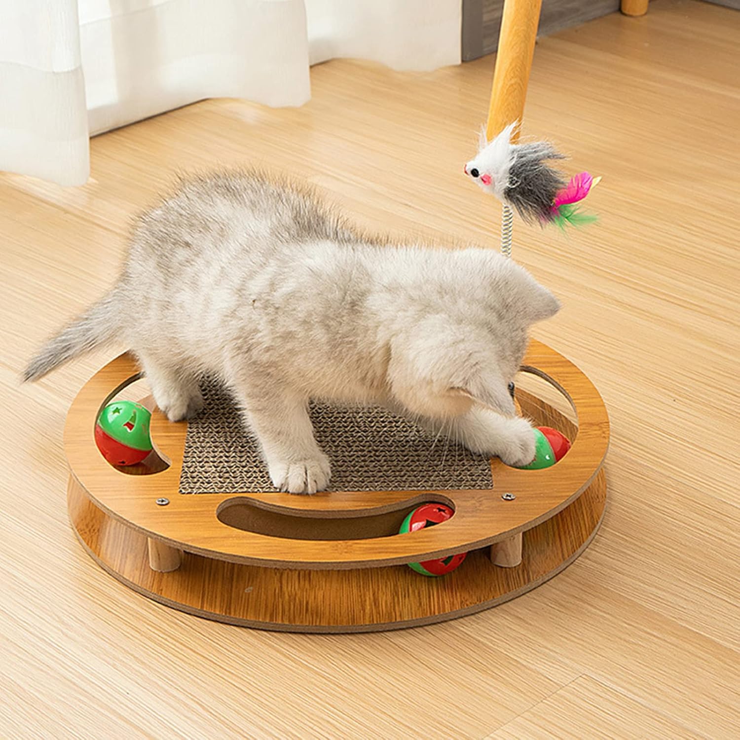 review Cat Scratching Board with 4 Cat Bell Balls Toys and Spring Mouse Toy, Cat Scratcher Pad for Indoor Cats, Cat Scratcher Cardboard, Durable, Cat Self Groomer, Stable and Non-Slip, Eco-Friendly Wood