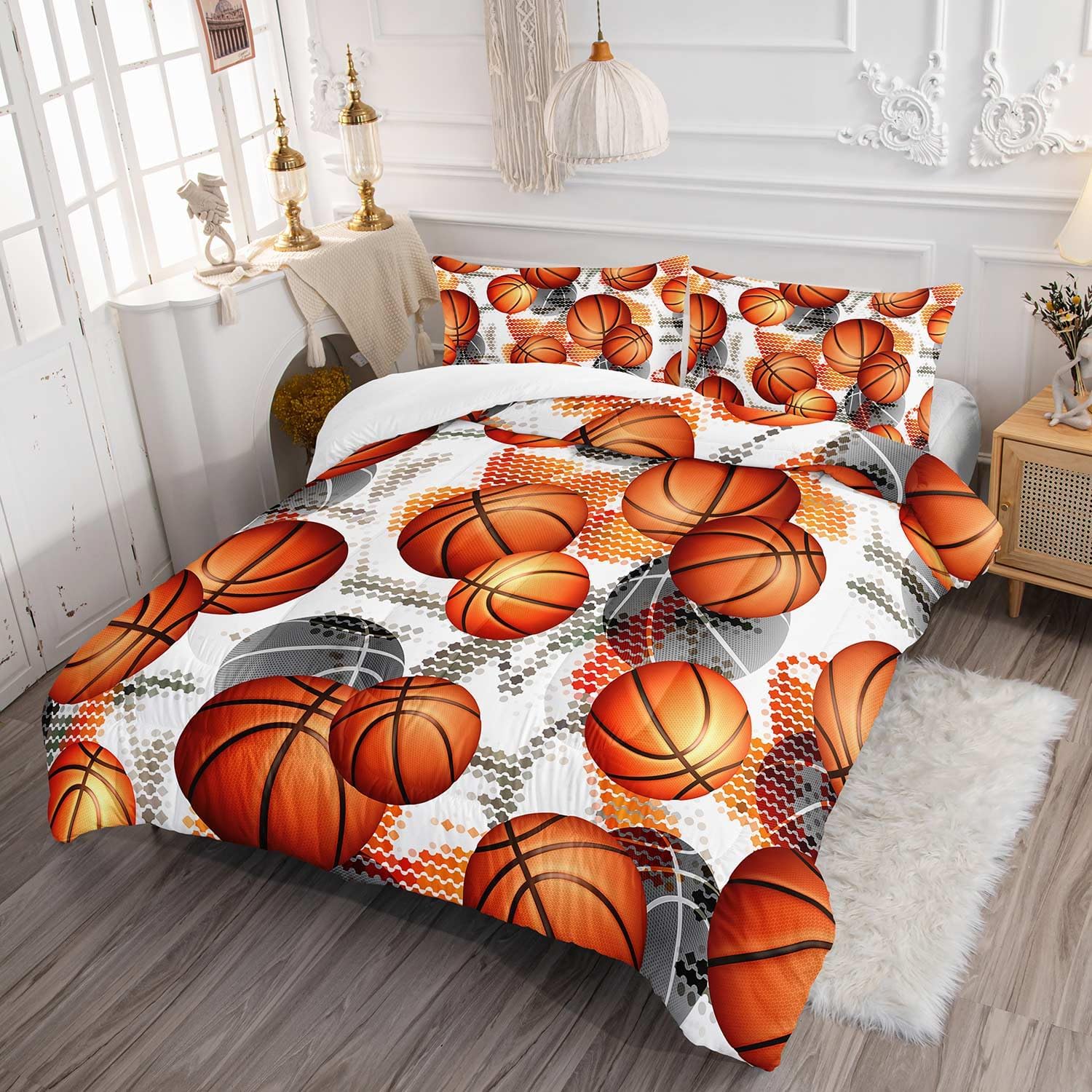 Sports Basketball Print Themed Comforter 3Pcs Full Gaming Sports Basketball Bedding Set for Kid Teen Girl Boy Adult Room Decor Ball Sports Games Quilt with 1 Comforter and 2 Pillowcases