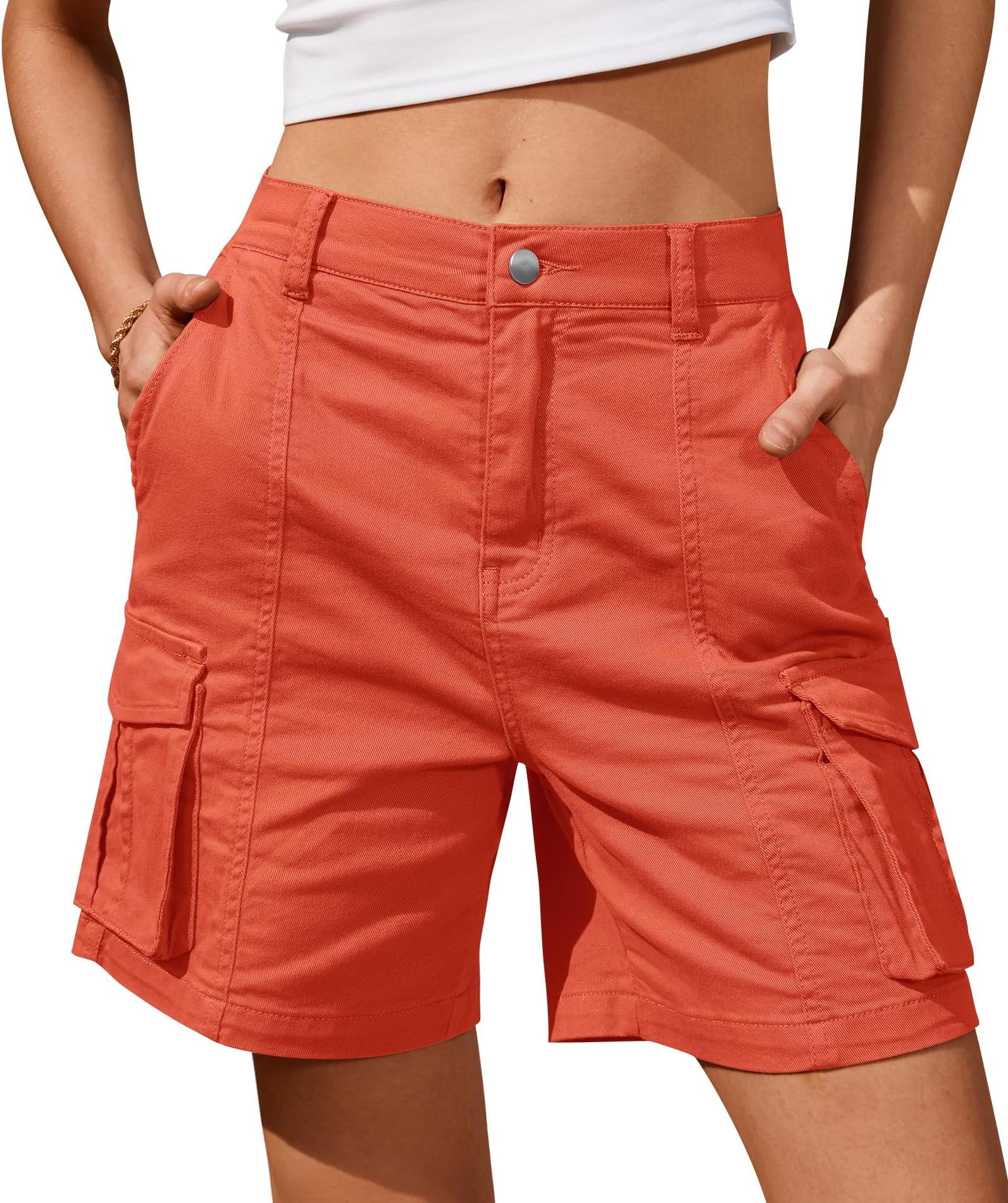 Bermuda Pantaloncini cargo da donna, al ginocchio, 6 tasche, elastico in vita