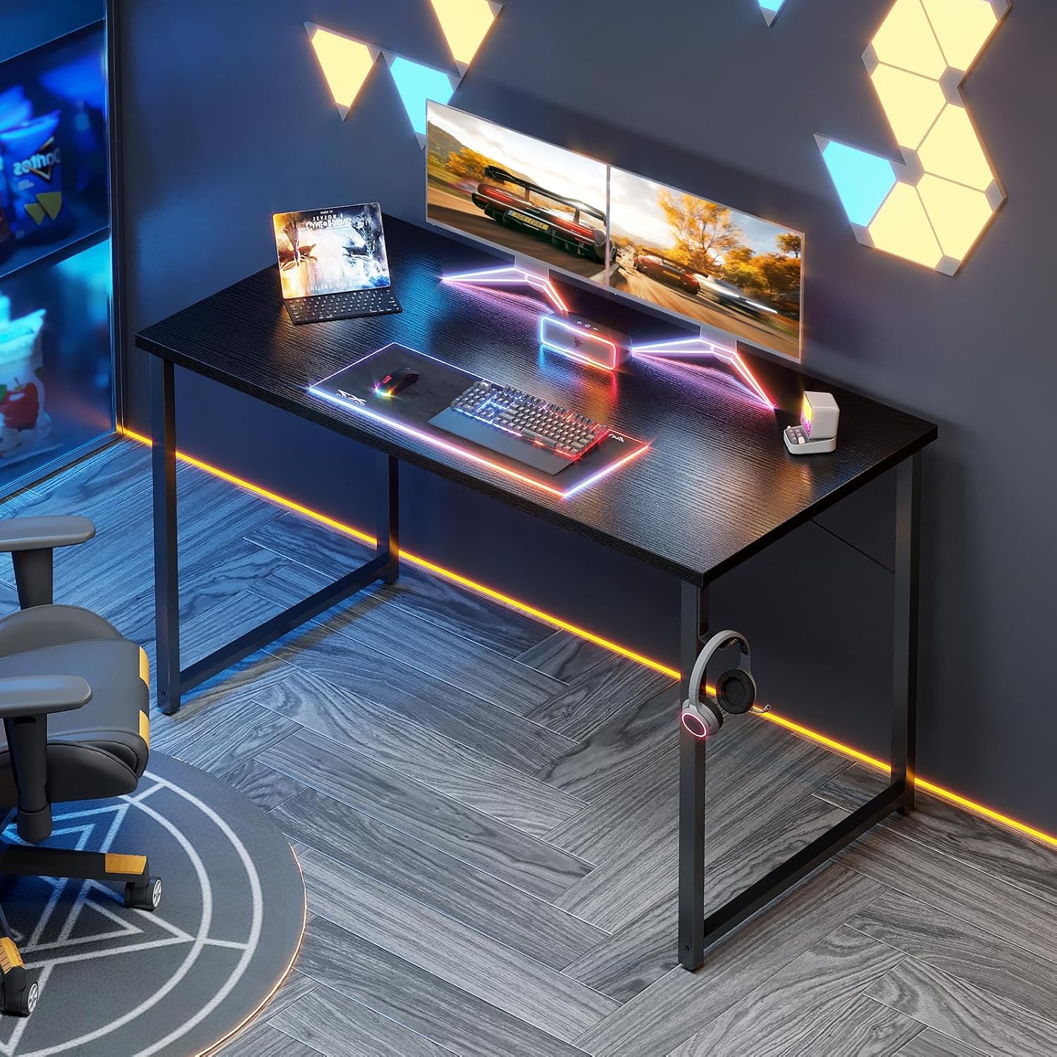 Compact Black Writing Desk with Headphone Hooks for Small Spaces