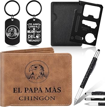 4 Pcs Dia Del Padre Regalo Mexican Dad Gift Set El Papa Mas Chingon Leather Wallet, Multi Tool Pen, Keychain, Tool Card for Men & Grandpa Fathers Day Birthday