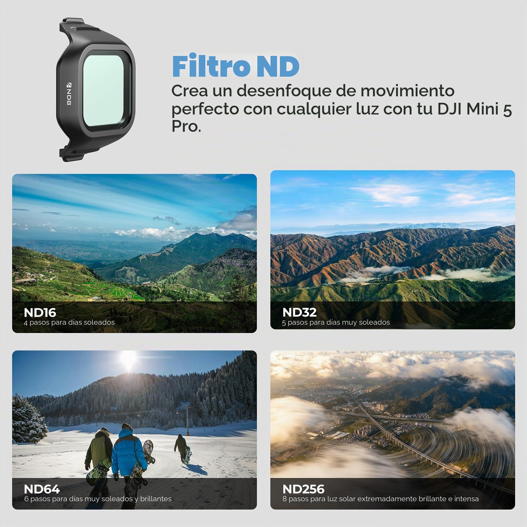 Freewell Paquete de 6 filtros ND para dji Mini 5 Pro – ND16, ND32, ND64, ND256, ND512 y ND1000 – Control de luz Completo para imágenes aéreas cinematográficas