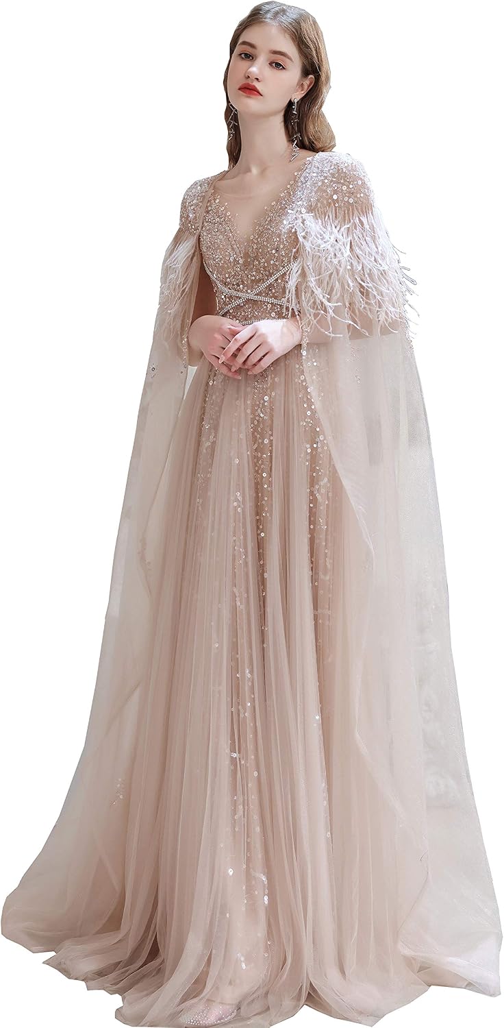 Women's V-Neck Beaded Sequins Tulle Evening Dress with Shawl