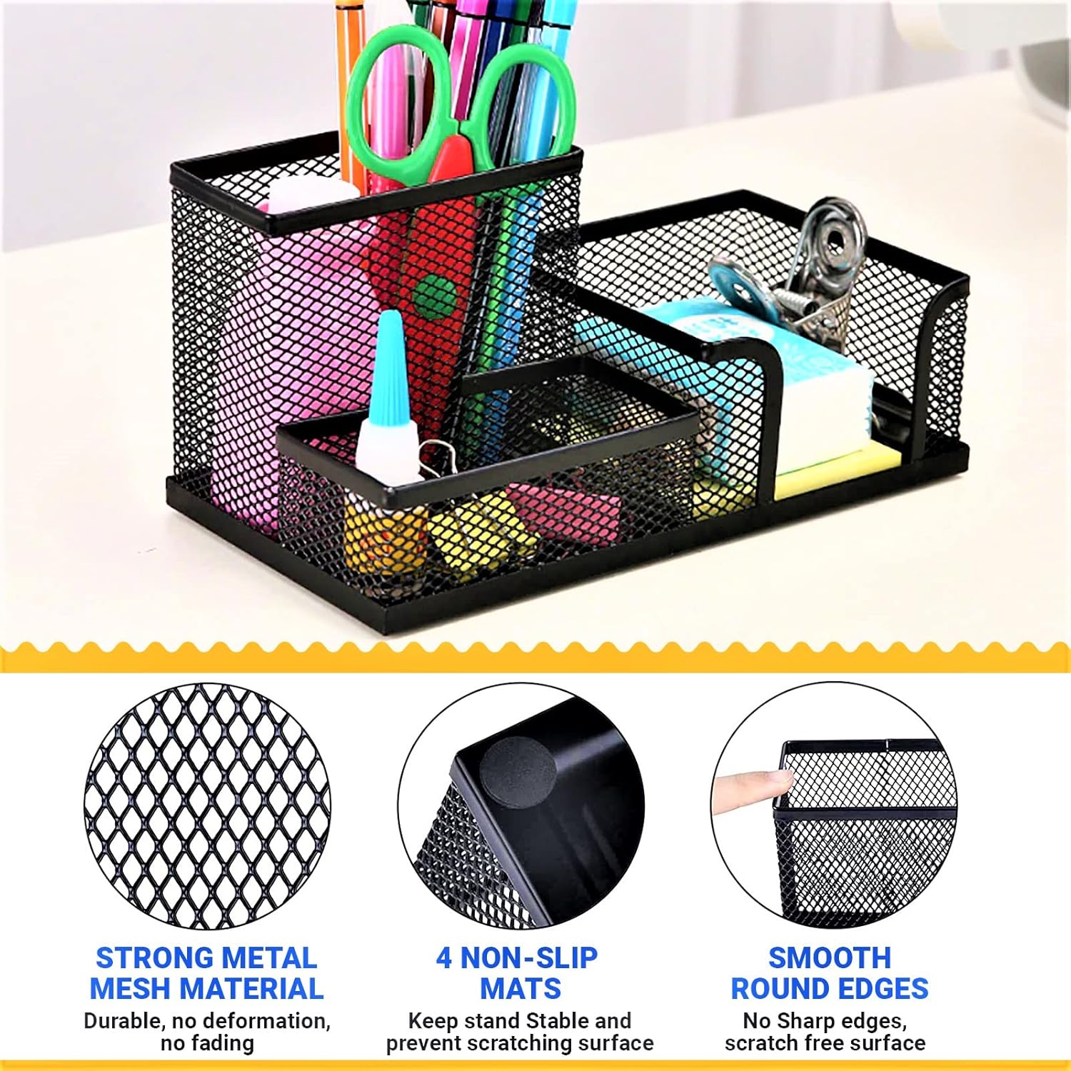 2 Pack 3 in 1 Mesh Pen Holder for Desk, 3 Compartments Pencil Holder Desk Organizer Caddy with Sticky Notes Holder Easy Storage Suitable for Home, Office and School : Everything Else