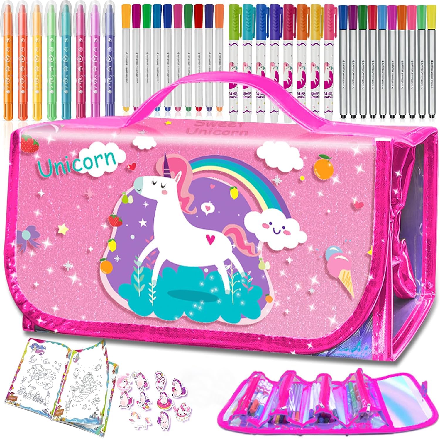 weirtoya 56 PCS Washable Scented Markers Set with Glitter Pencil Case, Kids Art Set Mermaid Unicorn Arts and Crafts for kid 4-6-8 Kids Drawing Set for 4-8 Years Old Girls Birthday Gifts