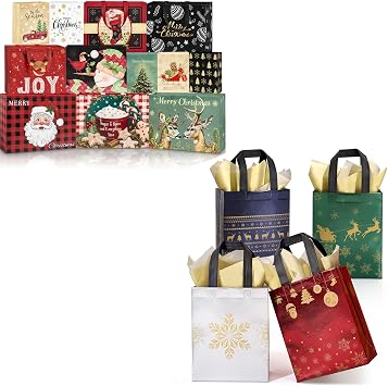 STYPOP 24 Pack Christmas Gift Bags Assorted Sizes & 48 Pack 10" Medium Christmas Gift Bags with Tissue Paper, Reusable Non-Woven Xmas Tote Bags for Xmas Gift Wrap/Party Favor Supplies