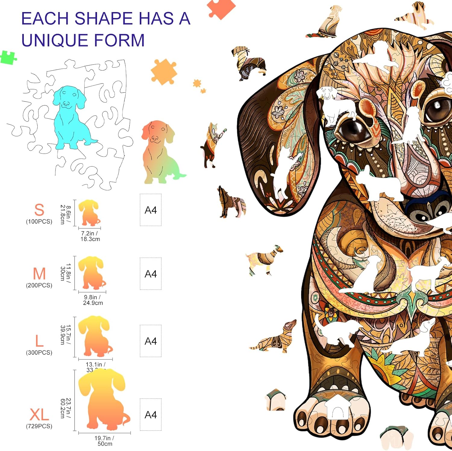 KAAYEE Wooden Jigsaw Puzzles-Dachshund Puzzle Unique Shape Advanced Animal Wooden Puzzle,Best Gift 11.8 * 9.8in,200pcs