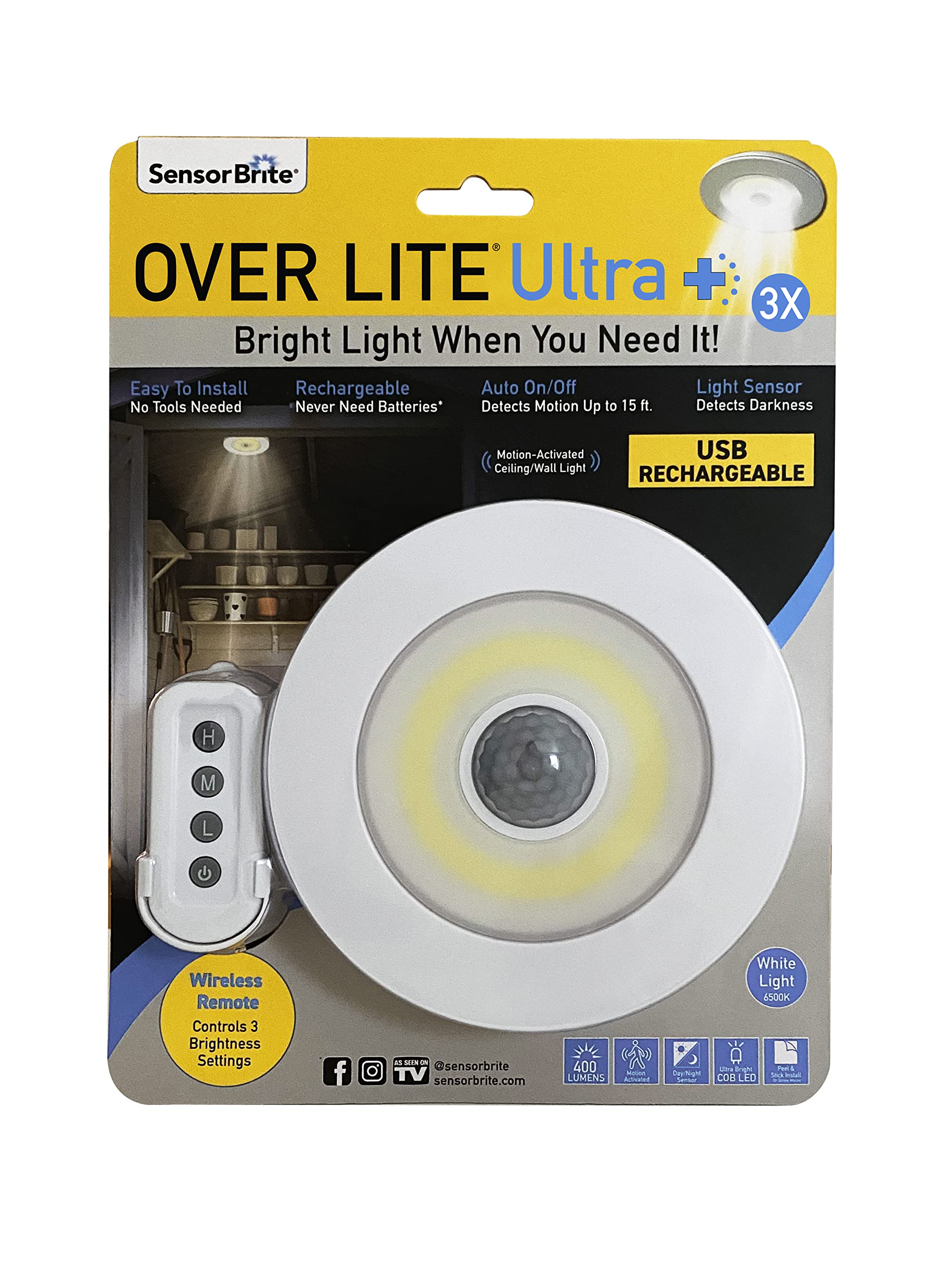 Photo 1 of Sensor Brite Overlite Ultra+ Rechargeable: Remote Control Ceiling/Wall LED Light with Adjustable Brightness, Motion Activated, Stick Anywhere, Battery-Operated Overhead LED Light Overlite Ultra Rechargeable