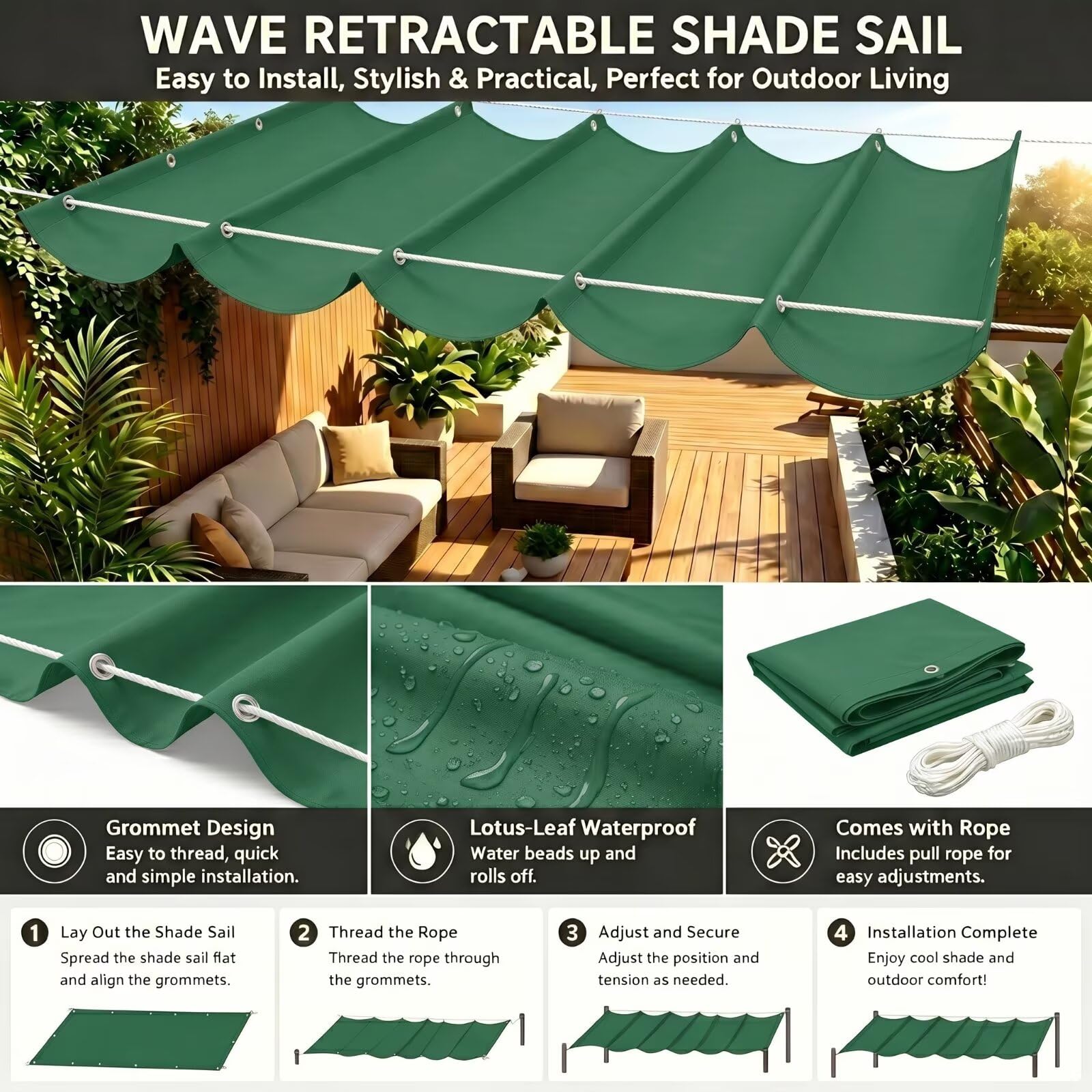 Generic Wintergarten Beschattung XL 200x800cm Innen Seilspannmarkise Ausziehbar Wellenform,232g/m² Wasserdicht Oxford Sonnensegel,Premium Hitzeschutz für Großes Glasdach Grün