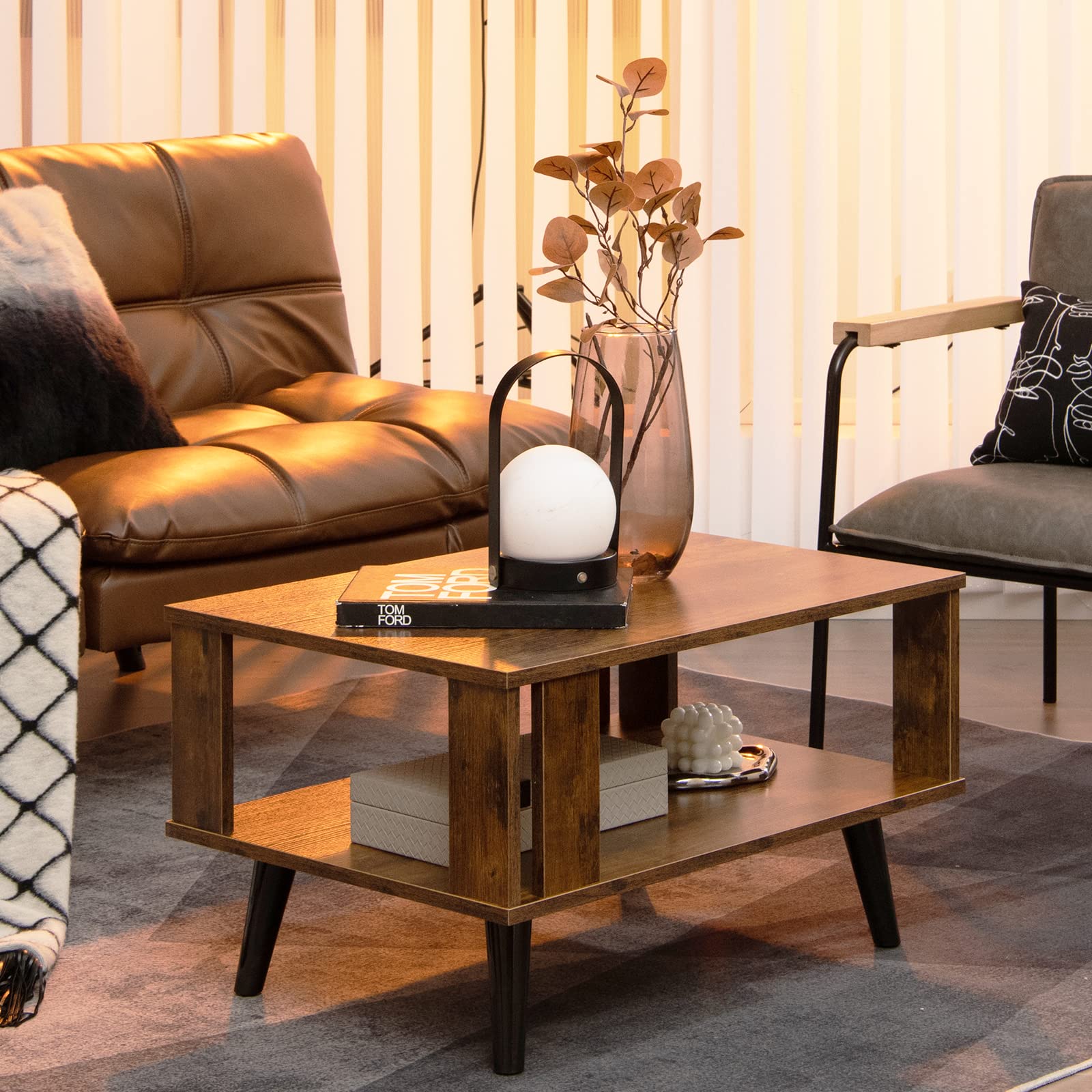 GIANTEX Retro industrialny stolik kawowy z półką do przechowywania, nowoczesny stolik koktajlowy z połowy wieku, do salonu, recepcji, biura, rustykalny brąz