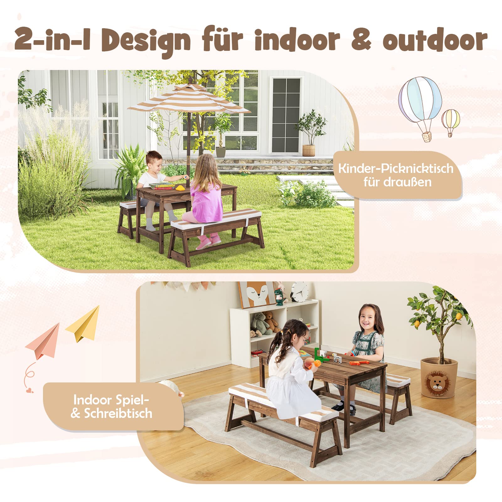 DREAMADE Kindersitzgruppe mit Sonnenschirm, Kinderpicknictisch mit 2 Bänke, Gartenmöbel für Kinder aus Tannenholz, Kinder Sitzbank für Outdoor & Indoor (Braun)