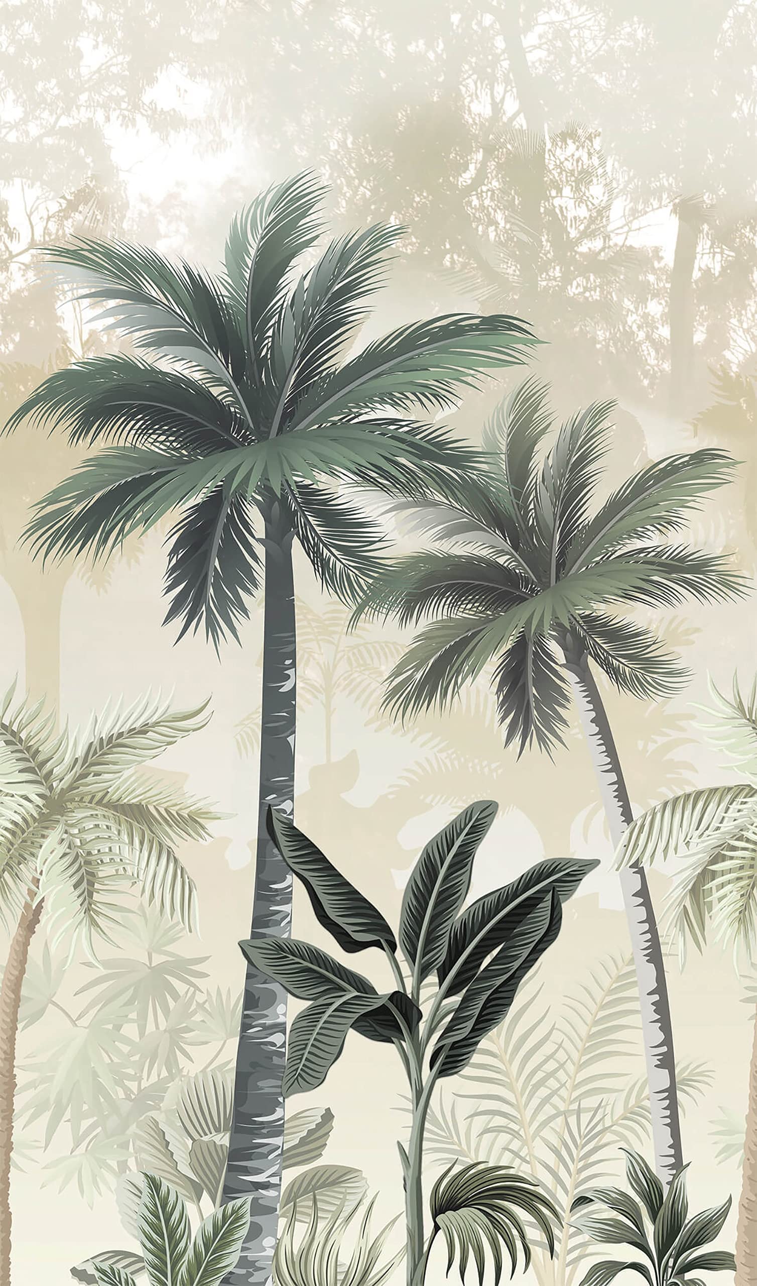 NEWROOM Papel pintado Verde Selva Tejido no Tejido - Tropical Gris Palmeras Selva Floral