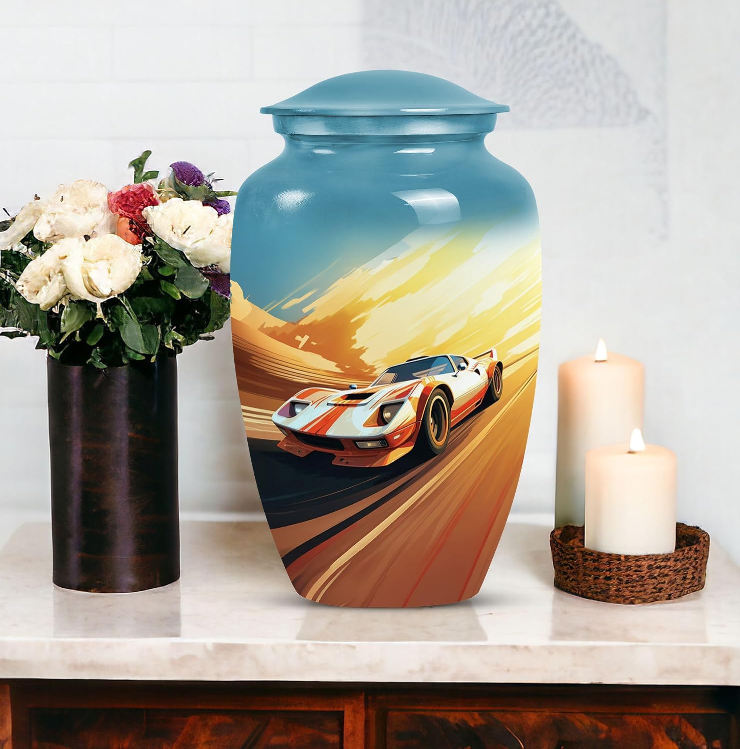 Car Racing Time Cremation Urn, Pack of 5 (10 Inch Urn & 3 Inch Urn Set of 4), Urn for Ashes Adult Male, Large Urn for Ashes, Keepsake Urn, Memorial Urn, Cremation Urn, Urn for Dad Ashes