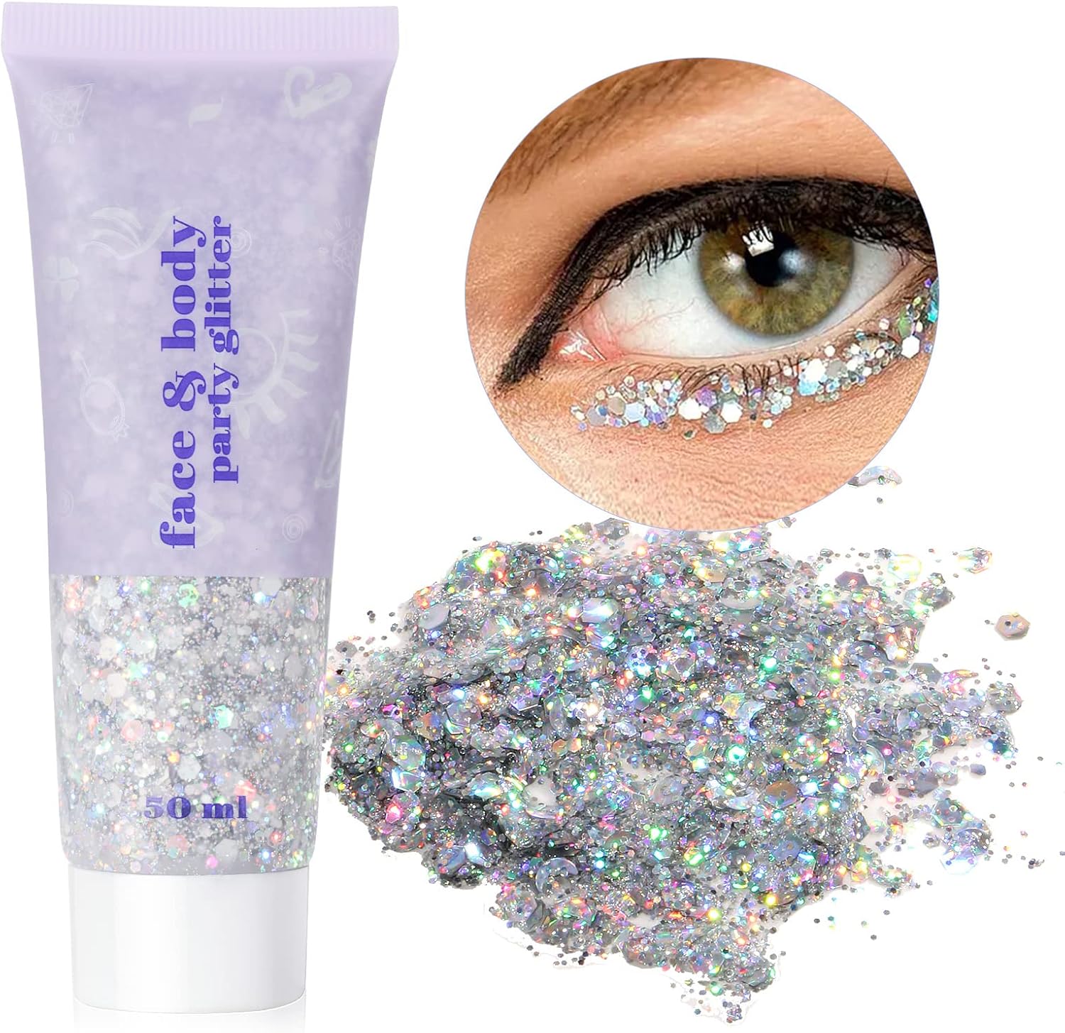 URAQT Purpurina Cara, Purpurina Líquida para Maquillaje Festival, Gel Chunky Glitter Corporal para Purpurina Maquillaje, Brillantes para la Cara, Cabello y Cuerpo para Halloween (Plateado)