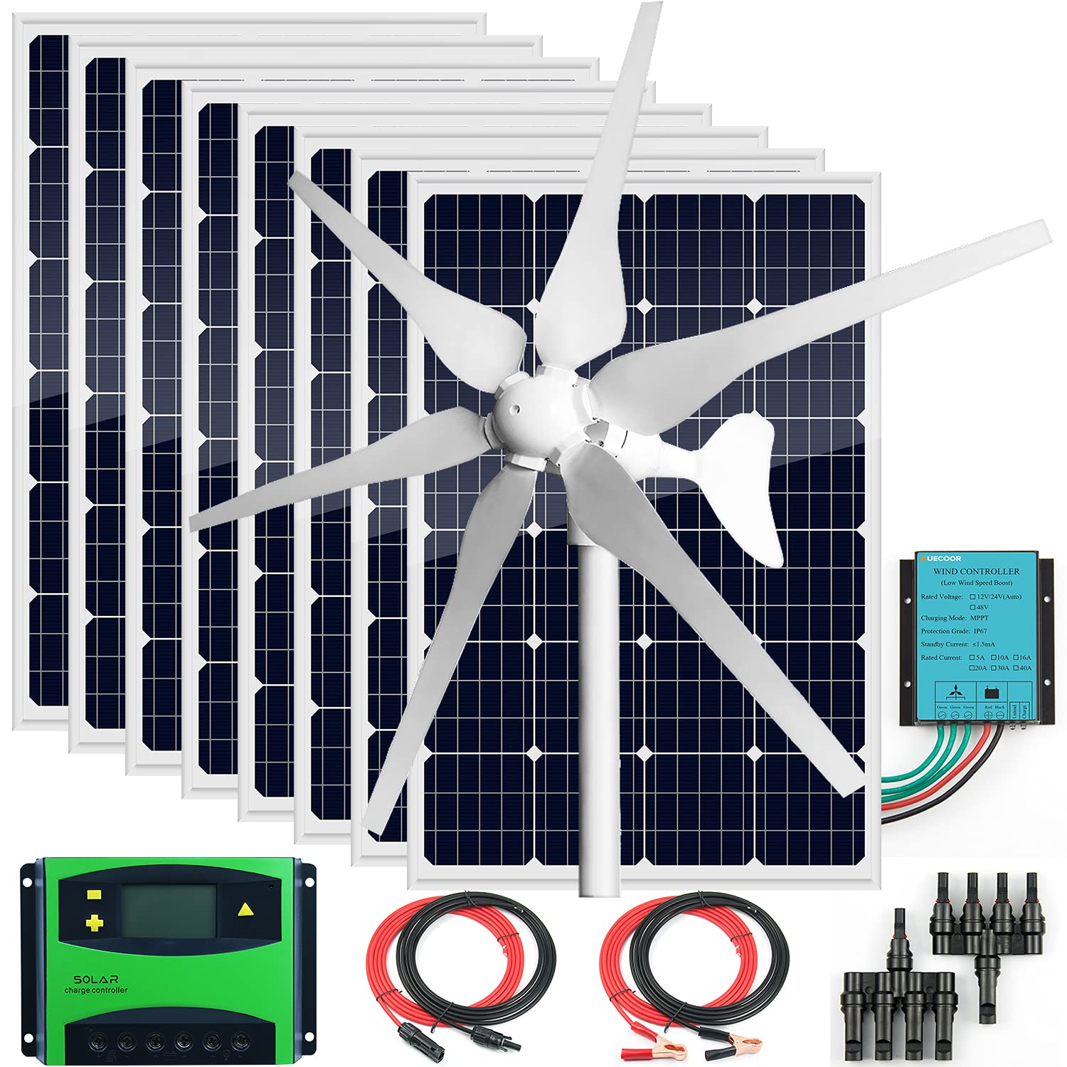 AUECOOR24 Volts 1360 Watts Solar Panel Wind Turbine Hybrid System Kit:8pcs 120W Glass Monocrystalline Solar Panel +400W Wind Turbine Generator+Accessories