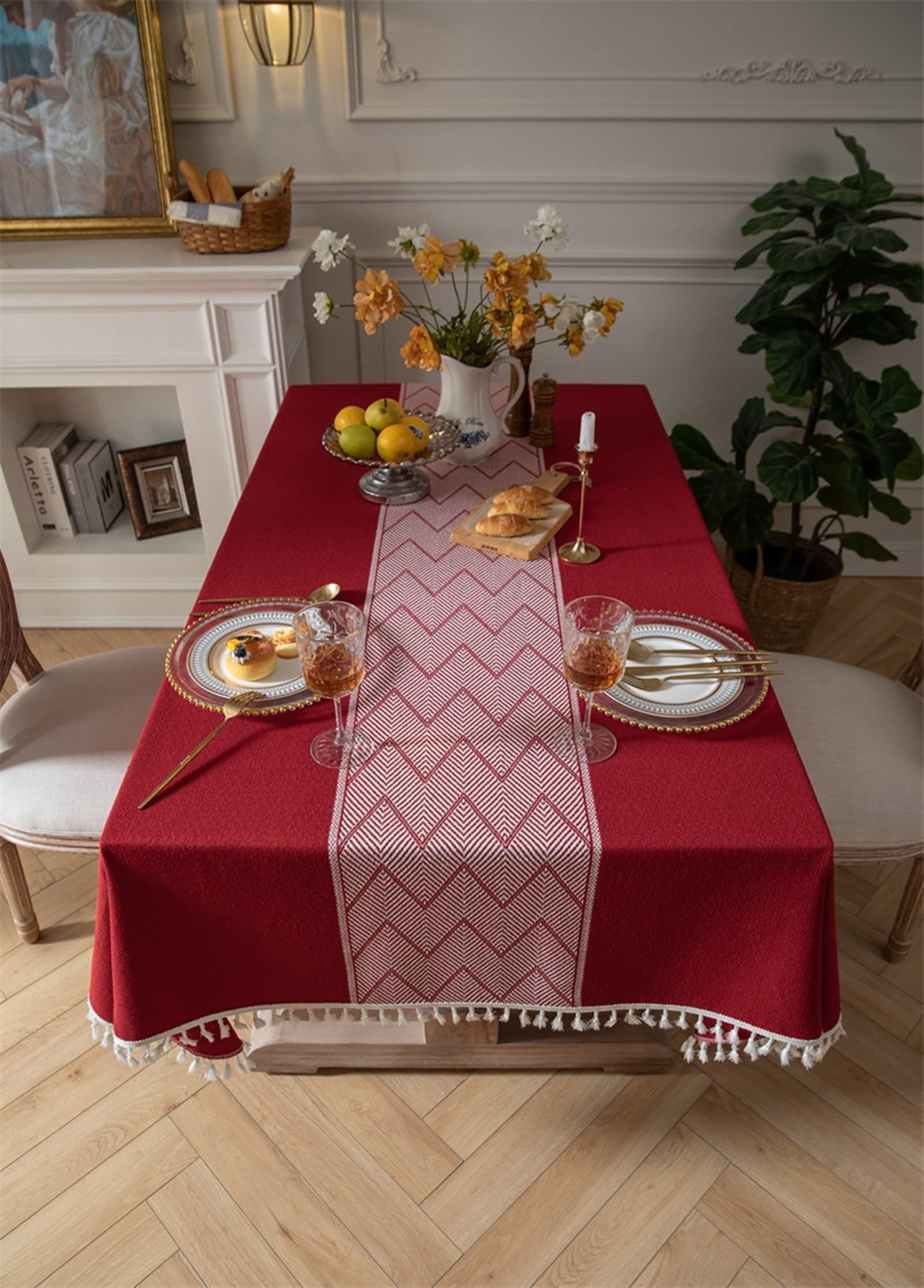 Mantel Mesa Rectangular Antimanchas, 140 x 260 cm, Rojo, Mantel de Algodón Poliéster Impresión de Onda Borlas