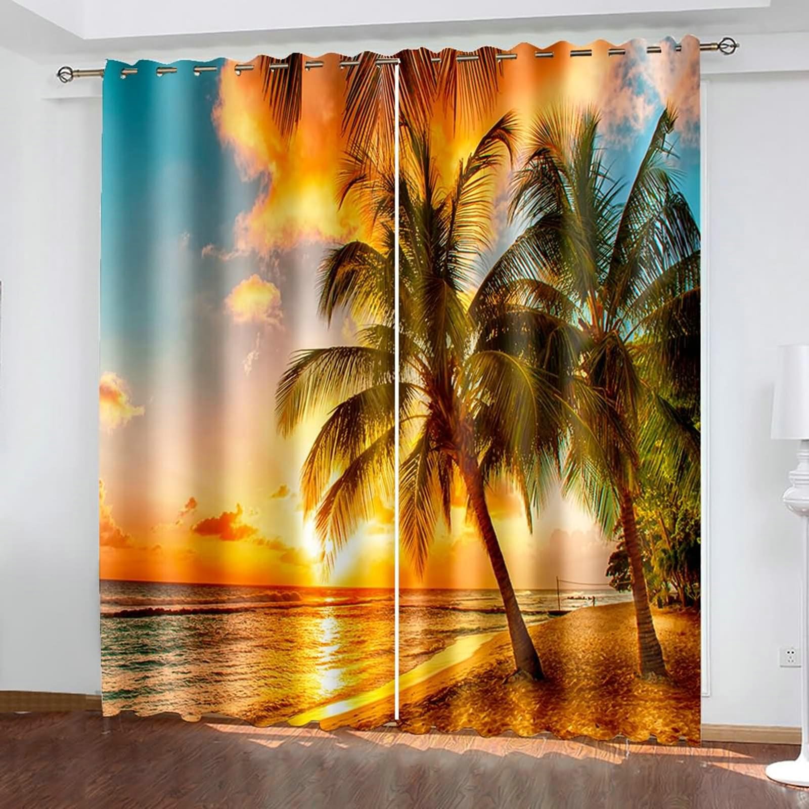 Gualiy Vorhänge Ösen 2er Set Blickdicht, Vorhang 132x183 Sonnenuntergang Kokospalme Meer Strand Vorhang Verdunkelung