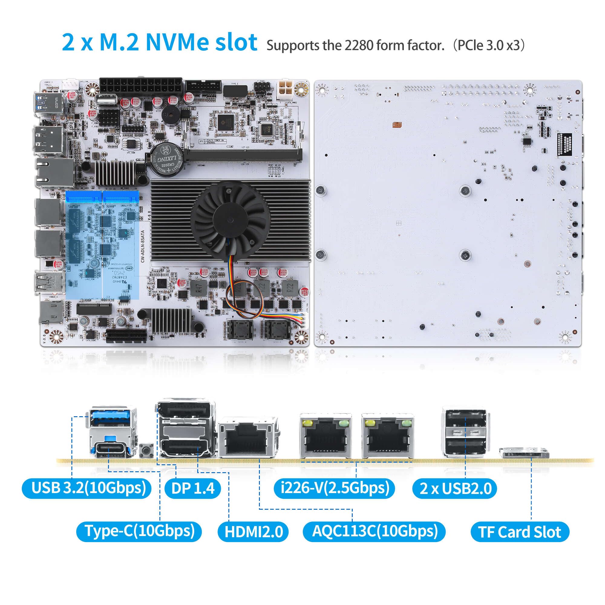 8 Bay NAS Motherboard, N150, Mini-ITX Mainboard, 10Gb & Dual 2.5GbE RJ45 LAN, Dual M.2 NVMe, Computer Board, USB 3.2 10Gbp, HD, DP, DDR5, Barebone, No RAM NO SSD (No Cable)