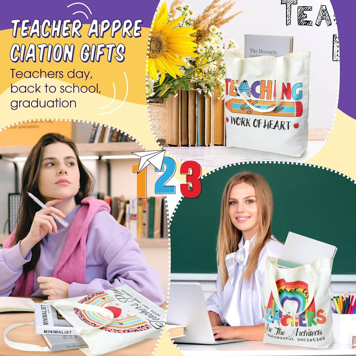 Eccliy 20 Pcs Teacher Appreciation Tote Bags Teacher Appreciation Gift Canvas Bags for Teacher Christmas Graduation Gift(White, Cute)