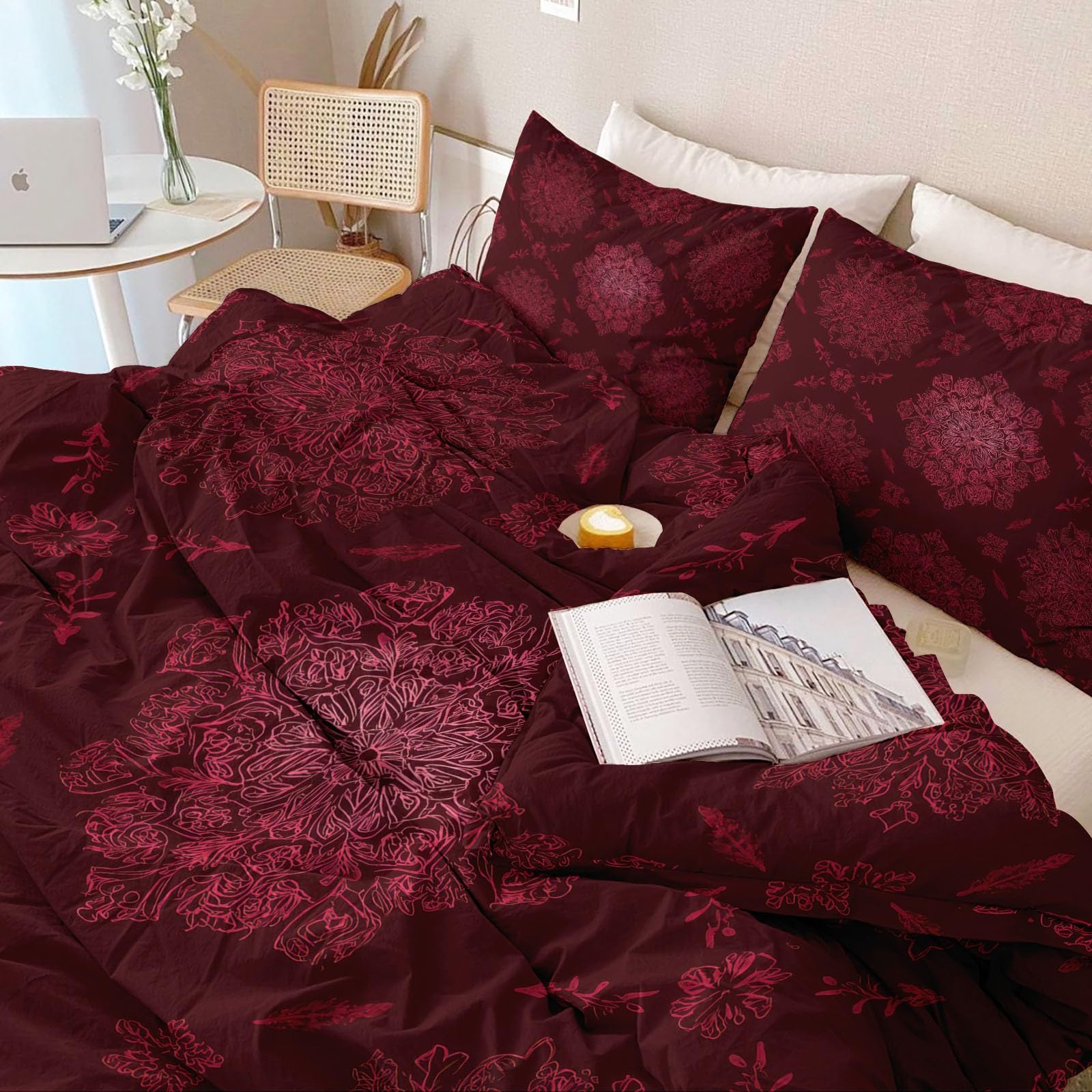 Biancheria da letto moderna da 155 x 220 cm, 3 pezzi, motivo natalizio con fiocchi di neve, reversibile, in morbida microfibra, con chiusura lampo e 2 federe da 80 x 80 cm, colore: rosso