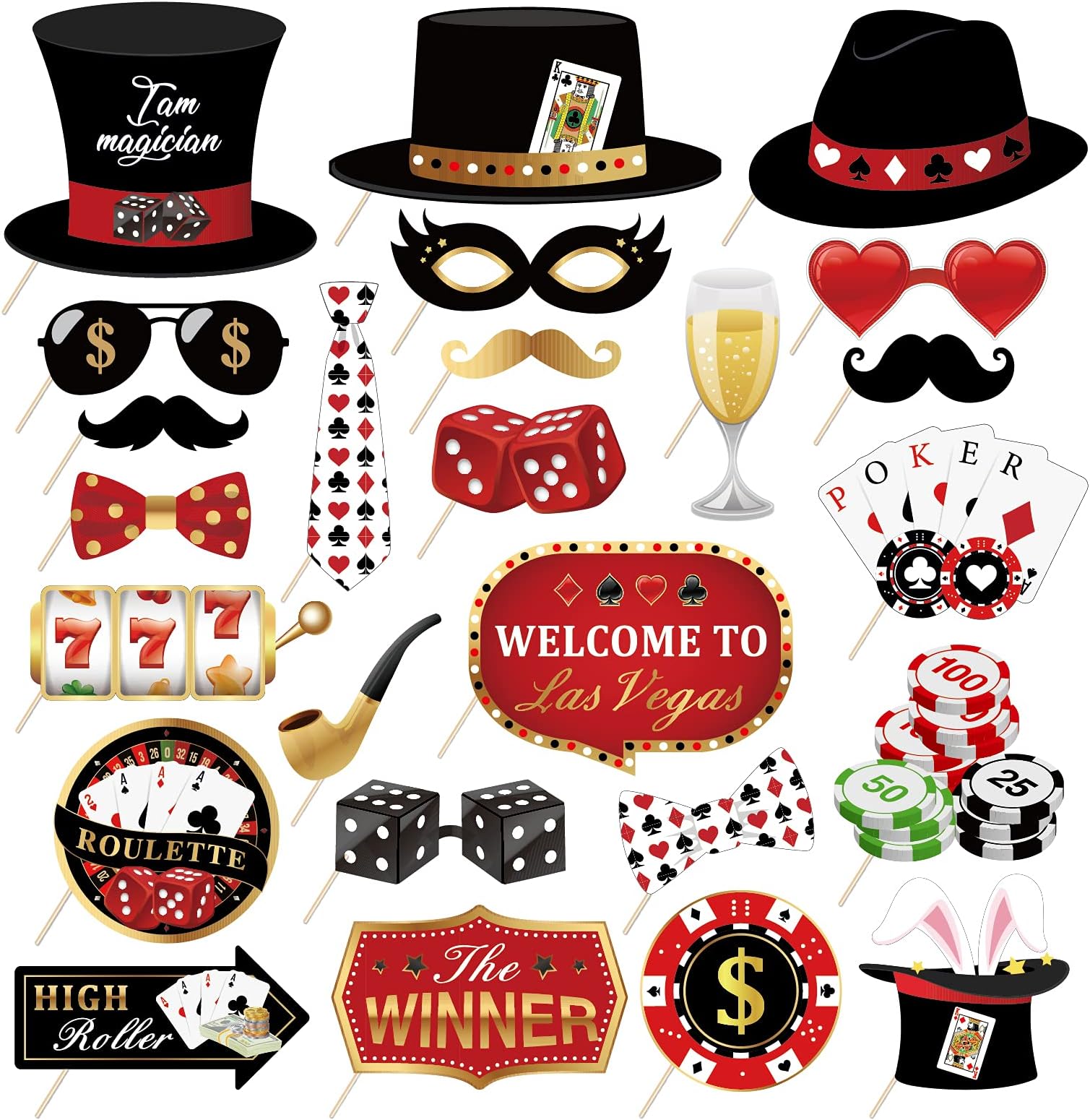 25Pcs Texas Hold'em Photo Booth Props with Stick, Las Vegas Selfie Props,777 Party Supplies,Playing Cards Theme Backdrop Decorations