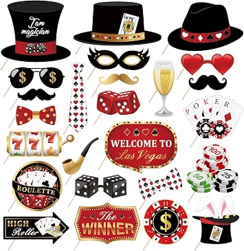 25Pcs Texas Holdem Photo Booth Props with Stick, Las Vegas Selfie Props,777 Party Supplies,Playing Cards Theme Backdrop Decorations