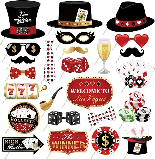 25Pcs Texas Hold'em Photo Booth Props with Stick, Las Vegas Selfie Props,777 Party Supplies,Playing Cards Theme Backdrop Decorations