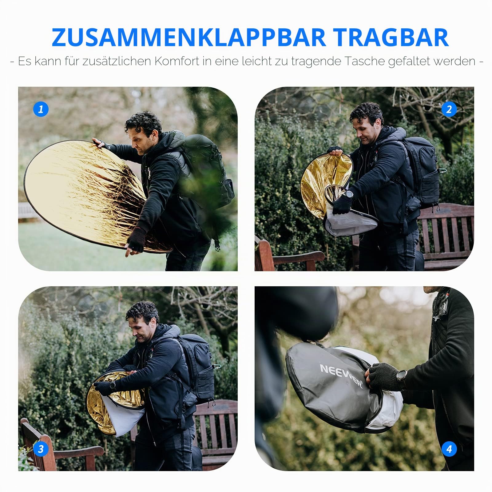 NEEWER 5 in 1 110cm Lichtreflektor Diffusor Faltbare Multi Disc mit Tasche - Durchscheinend, Silber, Gold, Weiß und Schwarz, Fotoreflektor für Studio Fotografie Beleuchtung im Freien