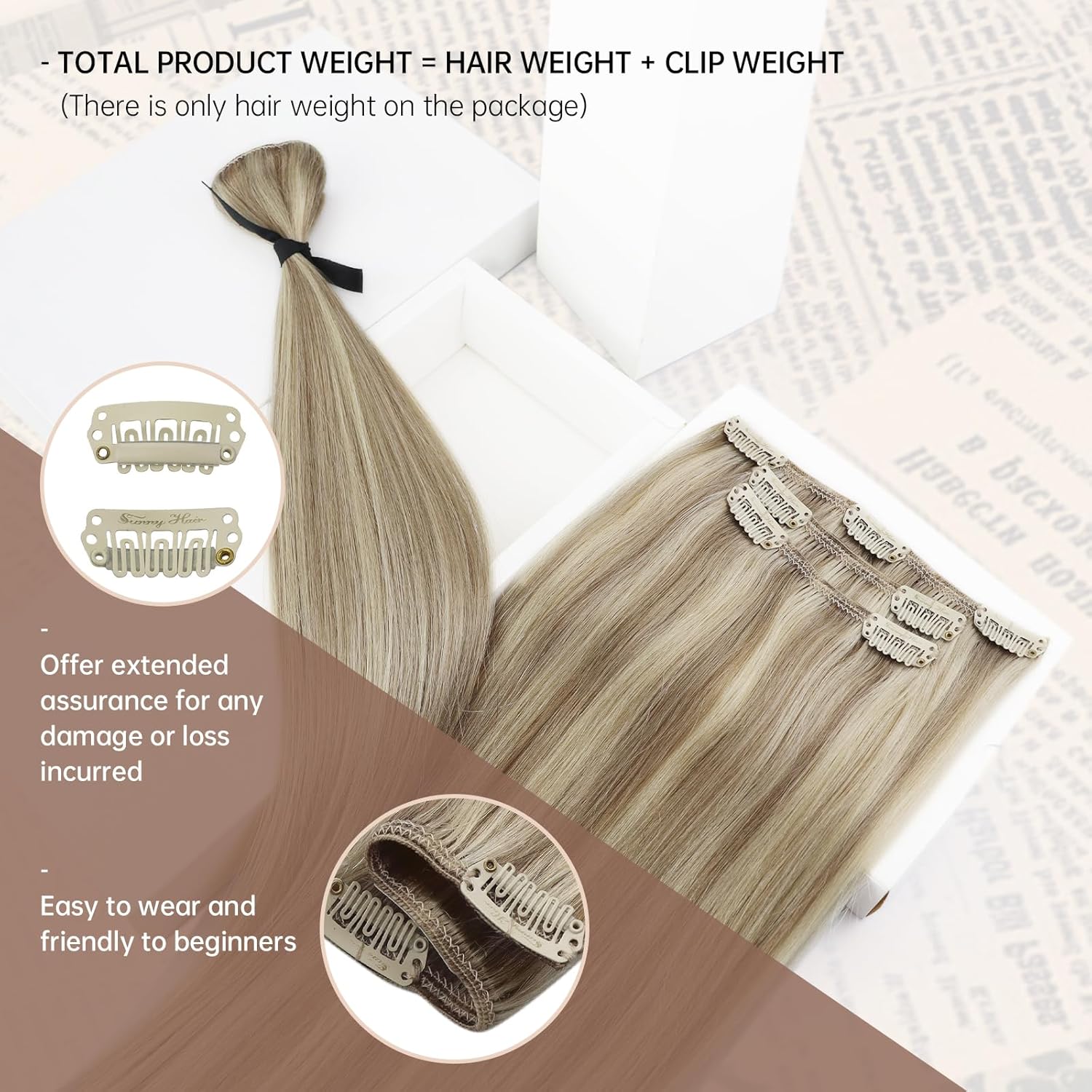 [2 Packs Bundle] Clip in Hair Extensions 7pcs 16in + Clip in Hair Extensions Blonde Highlights 7pcs 120g 16inch