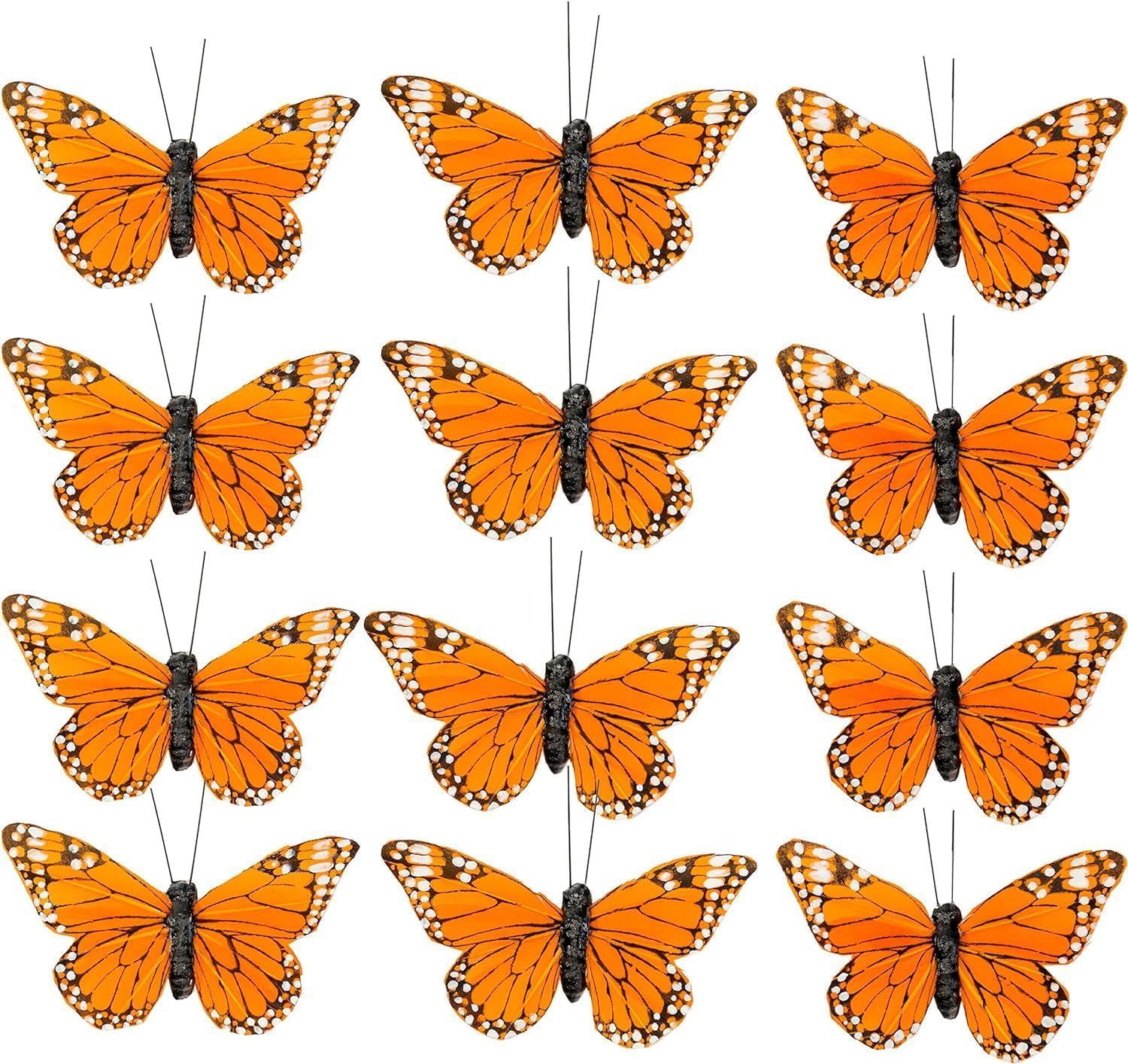 YCHTEWY – Decoración de mariposa monarca, juego de 12 decoraciones de mariposa de plumas con clip, 3.75″, naranja..
