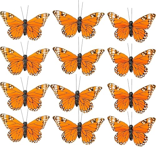 YCHTEWY - Decoración de mariposa monarca, juego de 12 decoraciones de mariposa de plumas con clip, 3.75", naranja..