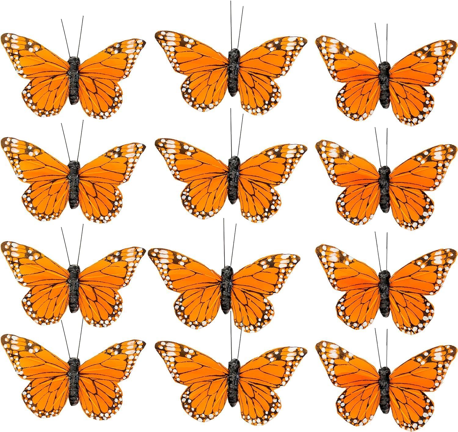 YCHTEWYMonarch Butterfly Decor Feather Butterfly Decorations Set of 12 with Clip 9.5cm Orange